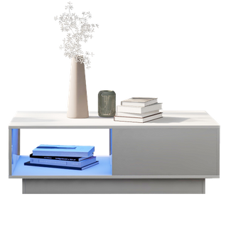 Table Basse Rectangulaire Blanche Avec LED, Rangement Ouvert Et Tiroir, Table Basse Pour Salon