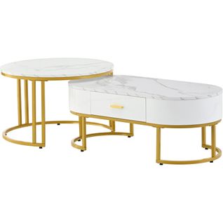 Lot De 2 Tables Basses Gigognes Blanches Avec Tiroir, Ronde Et Ovale, Cadre Doré