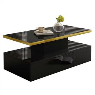 Table Basse Rectangulaire Noire Avec Tiroir, 2 Niveaux De Rangement Et Éclairage LED