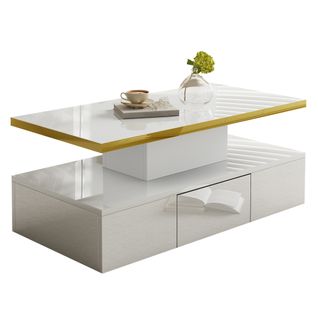 Table Basse Rectangulaire Blanche Avec Tiroir, 2 Niveaux De Rangement Et Éclairage LED