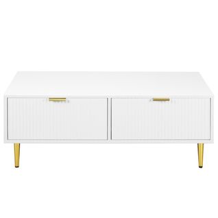 Table Basse Rectangulaire Blanche Avec 2 Tiroirs, Design à Rayures Verticales, Table Basse De Salon