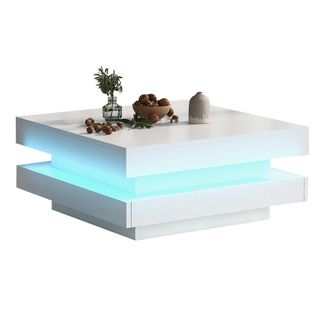 Table Basse Carrée Blanche Avec Plateau Rotatif, Avec Lumière LED, Table Basse Pour Salon