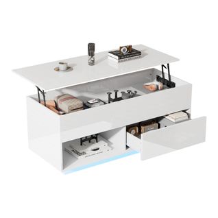Table Basse Relevable Rectangulaire Blanche Avec Éclairage LED, 1 Tiroir, 2 Espaces De Rangement