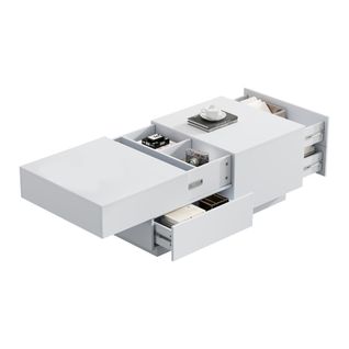 Table Basse Rectangulaire Blanche Avec Plateau Coulissant, 3 Tiroirs, 3 Compartiments De Rangement