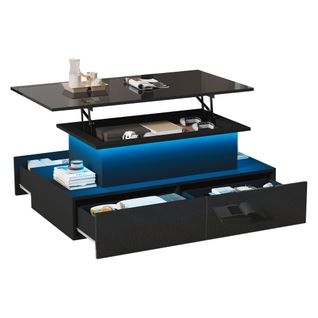 Table Basse Relevable Rectangulaire Noire Avec Éclairage LED, 4 Tiroirs Et Espace De Rangement