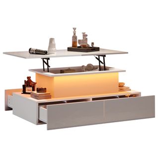 Table Basse Relevable Rectangulaire Blanche Avec Éclairage LED, 4 Tiroirs Et Espace De Rangement