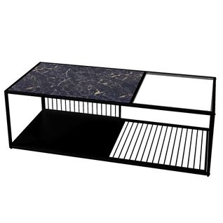 Table Basse Rectangulaire Noire En Fer Forgé Avec Verre, Rangement Ouvert, En Placage De Marbre