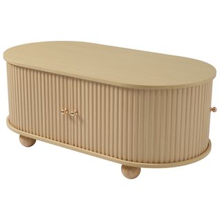 Table Basse Ovale Bois Avec Rangement Et Portes Coulissantes, Pieds Ronds En Boule