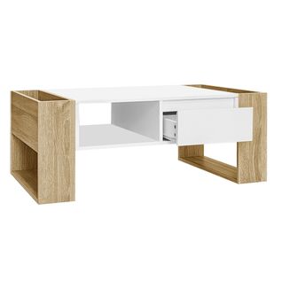 Table Basse Rectangulaire Blanche Et Bois Avec Tiroir Et Compartiments Ouverts