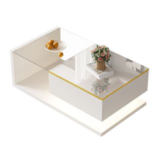 Table Basse De 90 Cm Avec Éclairage LED, Plateau En Verre, 1 Tiroir, Bordure Dorée, Blanc