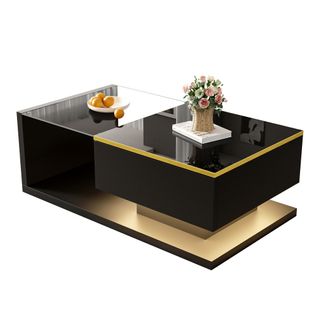 Table Basse De 90 Cm Avec Éclairage LED, Plateau En Verre, 1 Tiroir, Bordure Dorée, Noir