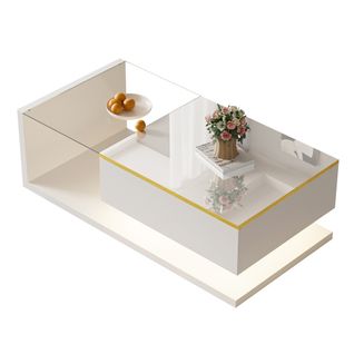 Table Basse De 100 Cm Avec Éclairage LED, Plateau En Verre, 1 Tiroir, Bordure Dorée, Blanc