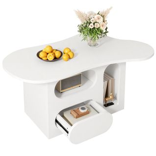 Table Basse En Forme De Nuage Avec 1 Tiroirs, Compartiments De Rangement Ouverts, Blanc