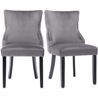 Lot De 2 Chaises De Salle à Manger, Dossiers Avec Boutons Décoratifs, Pieds En Bois, Velours Gris