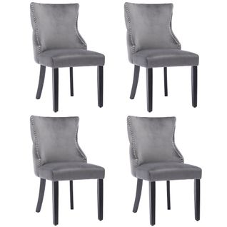 Lot De 4 Chaises De Salle à Manger, Dossiers Avec Boutons Décoratifs, Pieds En Bois, Velours Gris