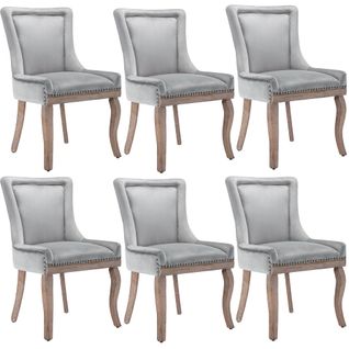 Lot De 6 Chaises En Velours Avec Dossier Rembourré, Garniture Cloutée, Pieds En Bois, Gris