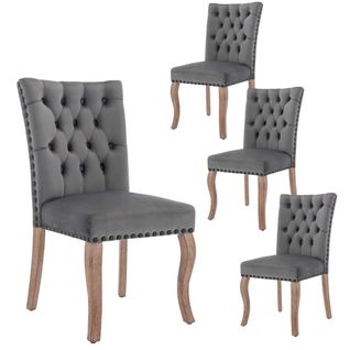 Lot De 4 Chaises De Salle à Manger En Velours Gris, Dossier Avec Anneau Décoratif, Pieds En Bois