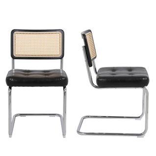 Lot De 2 Chaises De Salle à Manger Avec Dossier En Rotin, Pieds En Métal Chromé, Pu Noir