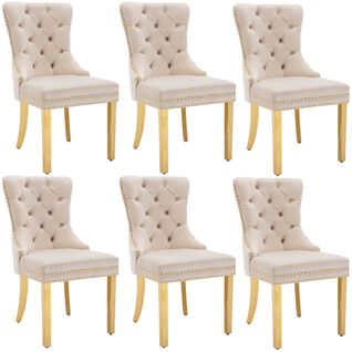Lot De 6 Chaises De Salle à Manger En Velours Beige, Avec Clous De Tapissier, Pieds En Métal Doré