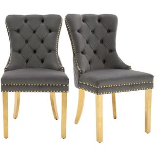 Lot De 2 Chaises De Salle à Manger En Velours Gris, Avec Clous De Tapissier, Pieds En Métal Doré