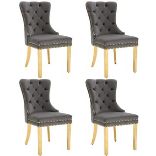 Lot De 4 Chaises De Salle à Manger En Velours Gris, Avec Clous De Tapissier, Pieds En Métal Doré