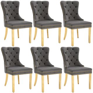 Lot De 6 Chaises De Salle à Manger En Velours Gris, Avec Clous De Tapissier, Pieds En Métal Doré