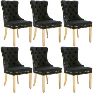 Lot De 6 Chaises De Salle à Manger En Velours Noir Avec Garniture Cloutée Dorée, Pieds En Métal
