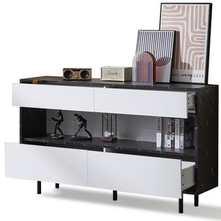 Buffet De Salon Noir Et Blanc Avec Rangement Ouvert, 4 Tiroirs Et Éclairage LED, Pieds En Métal Noir