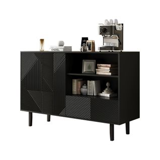Buffet Rayé Noir Mat Avec 2 Portes Et 1 Tiroir, Espace De Rangement Ouvert