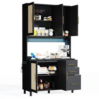 Buffet De Cuisine Noir Avec LED, 2 USB, 2 Prises, 5 Portes En Rotin, 3 Tiroirs, Poignées En Métal