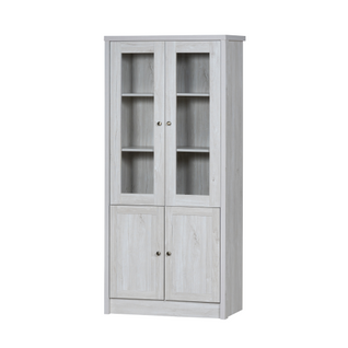 Vitrine Blanche En Aspect Bois Avec Portes Vitrées Et 2 Portes En Bois, 80x34x171 Cm