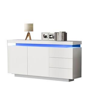 Buffet De Salon Blanc, Buffet Avec 2 Portes Et 3 Tiroirs, Éclairage LED, Sans Poignées