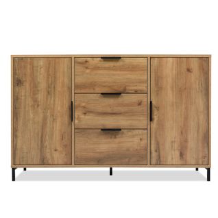 Commode 3 Tiroirs Avec 2 Portes, Étagère Réglable, 120x40x76 Cm, Chêne Foncé