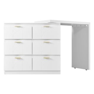 Coiffeuse Blanche à 6 Tiroirs, Poignées Plaquées Or Et Plateau Rotatif, Sans Miroir Ni Tabouret