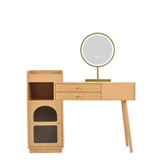 Coiffeuse Bois Avec Miroir LED, 3 Tiroirs Et Armoire Latérale, Sans Tabouret