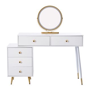 Coiffeuse Blanc Avec Éclairage LED, Miroir Et Armoire Latérale Réglable, Sans Tabouret
