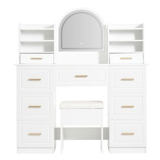 Coiffeuse Blanche Avec Miroir, Éclairage LED Et 9 Tiroirs