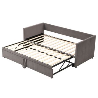 Lit Gigogne 90x200 Cm, Lit Enfant Avec Sommier à Lattes, En Tissu Velours Doux, Gris
