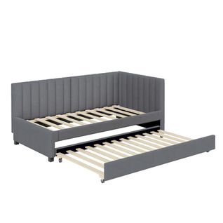 Lit Gigogne 90x200 Cm Avec Sommier à Lattes, Lit Jeune, Lit Enfant, Tissu Velours Gris