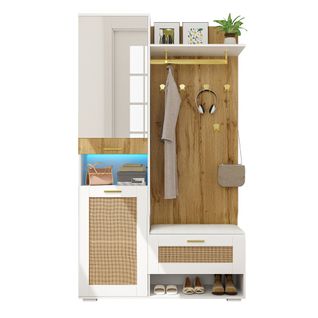 Vestiaire D'entrée Avec LED, Miroir, 6 Crochets, Armoire à Chaussures, Des Rangements, Blanc