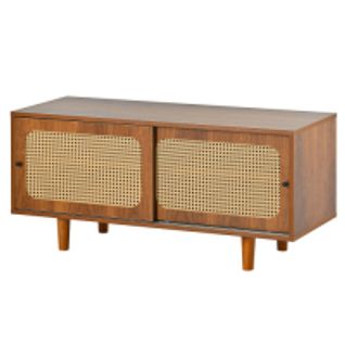 Meuble à Chaussures Avec 2 Portes Coulissantes En Rotin Et Étagère Réglable, Bois Foncé