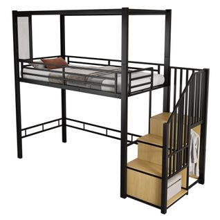 Lit Mezzanine 90x200 Cm En Métal Noir Avec Escalier De Rangement Et Fenêtre