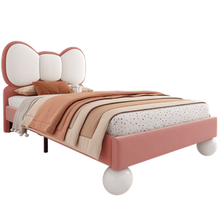 Lit Enfant Simple 90x200 Cm LED Avec Tête De Lit Nœud Papillon Et Sommier, Velours Rose