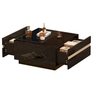 Table Basse Noire 2 Tiroirs Asymétriques Avec LED Via Appli - 70x70x36 Cm