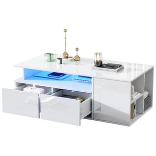 Table Basse Blanche 2 Tiroirs Avec LED Via Appli - Éclairage Plateau - 100x50x35 Cm