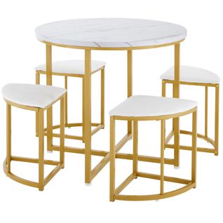 Ensemble De Table Avec Lot De 4 Chaises, Table Ronde, Cadre En Métal Doré, Blanc