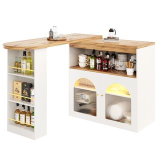 Table à Manger Extensible Rotative Blanche Avec 2 Portes, Rangements Ouverts, Bande Lumineuse LED
