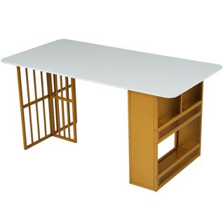 Table à Manger Rectangulaire Blanche Avec Des Rangements Ouverts, Cadre En Métal Doré