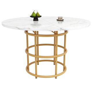 Table à Manger Ronde Avec Panneau Blanc, En Placage De Marbre, Pieds De Table En Métal Doré