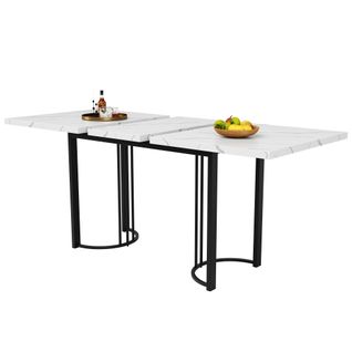 Table à Manger Extensible Rectangulaire Blanche, Structure En Métal Noir, En Placage De Marbre